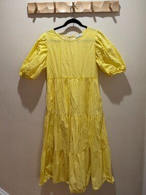 Yellow Gingham Tiered Puff Sleeve Midi Dress with pockets